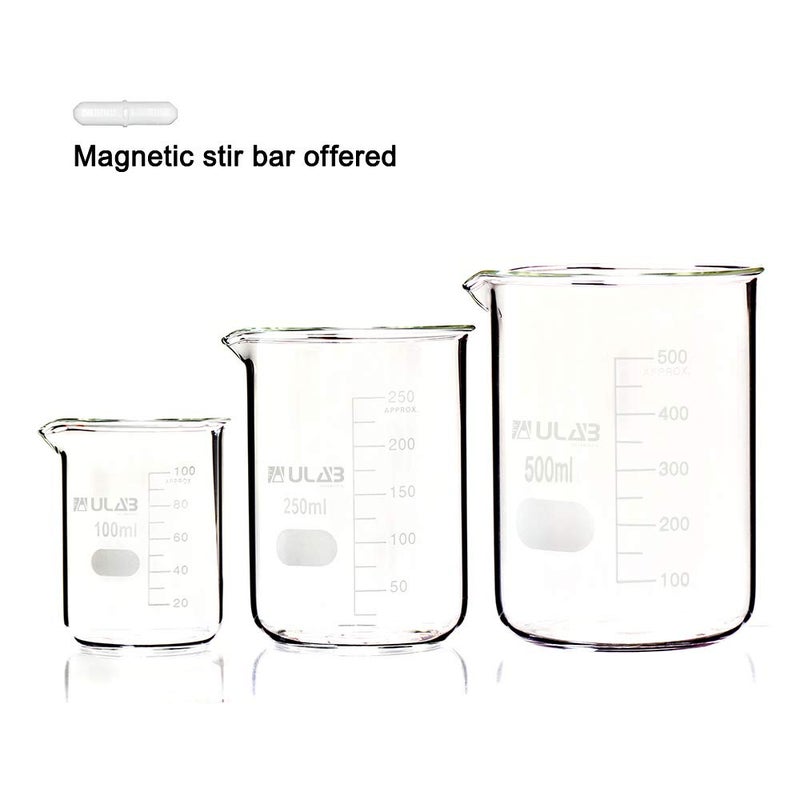 ULAB Scientific Low Form Griffin Glass Beaker Set with Magnetic Stir Bar Offered, 3 Sizes 100ml 250ml 500ml, 3.3 Borosilicate Glass, Printed Graduation, UBG1004 - Image 2